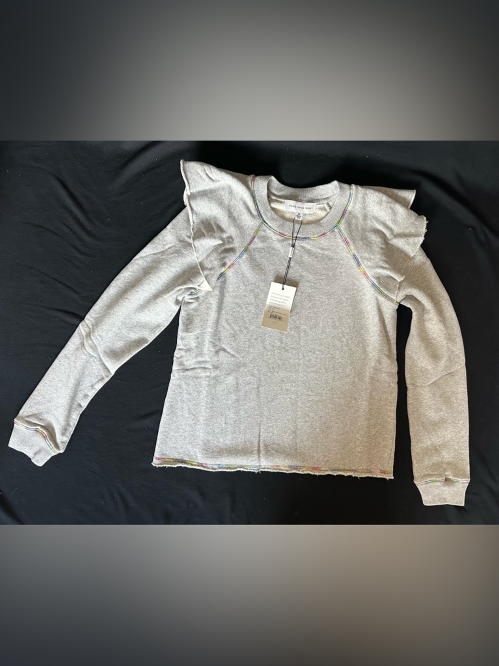 Something Navy Light Gray Ruffle-Shoulder Sweatshirt - Picture 4 of 15